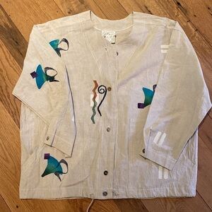 Play Alegre Hand Painted V Neck Boxy L/S Bls Jacket Draw Waist Cotton Oatmeal XL